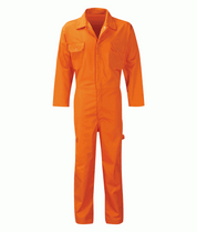 industrial orange utility coverall with a front zip closure, snap-collar, chest flap pockets, and reinforced stitching, designed for durability, freedom of movement, and full-body protection on the job by MAK Boots & Garments.