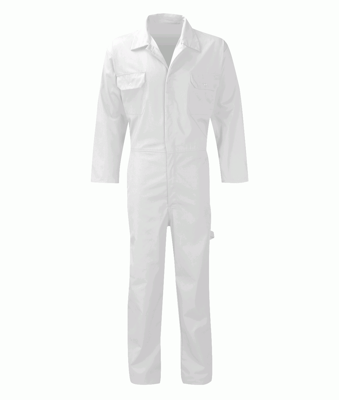 industrial white utility coverall with a front zip closure, snap-collar, chest flap pockets, and reinforced stitching, designed for durability, freedom of movement, and full-body protection on the job by MAK Boots & Garments.