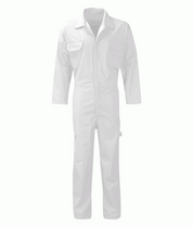 industrial white utility coverall with a front zip closure, snap-collar, chest flap pockets, and reinforced stitching, designed for durability, freedom of movement, and full-body protection on the job by MAK Boots & Garments.