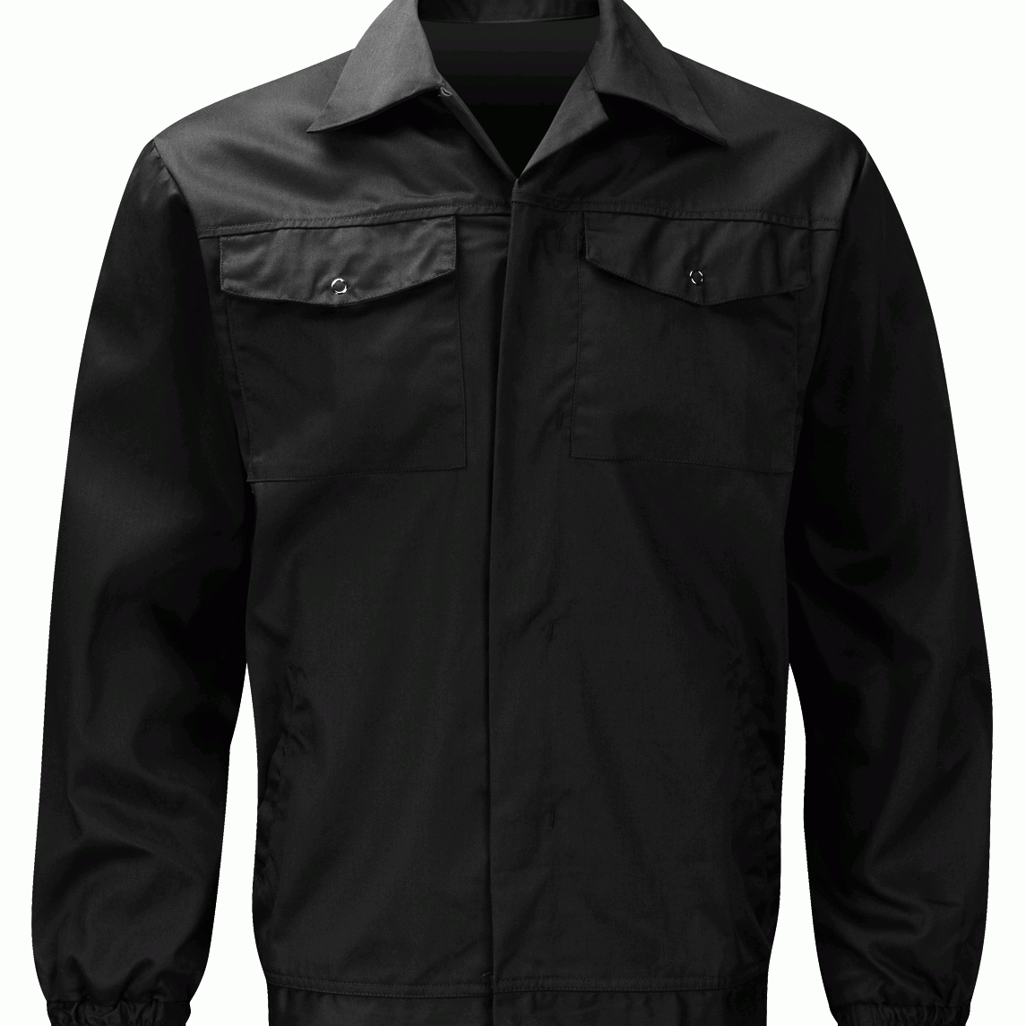 jet black utility jacket with a pointed collar, concealed front closure, dual chest flap pockets, and elastic cuffs, built for clean structure and everyday resilience by MAK Boots & Garments.