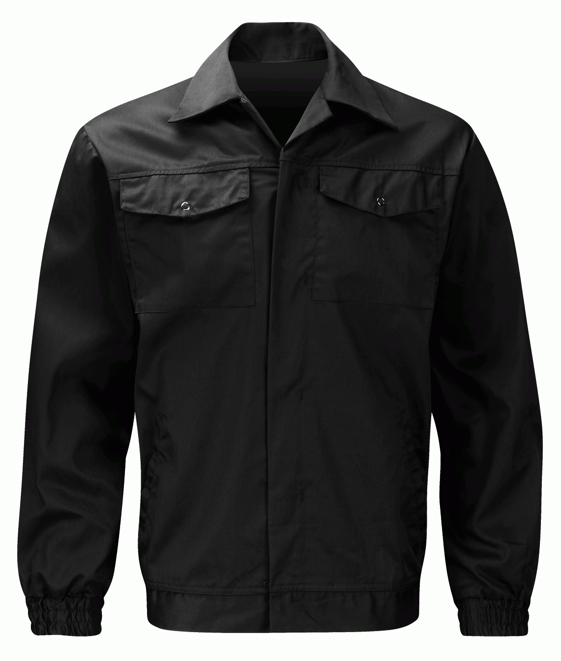 jet black utility jacket with a pointed collar, concealed front closure, dual chest flap pockets, and elastic cuffs, built for clean structure and everyday resilience by MAK Boots & Garments.