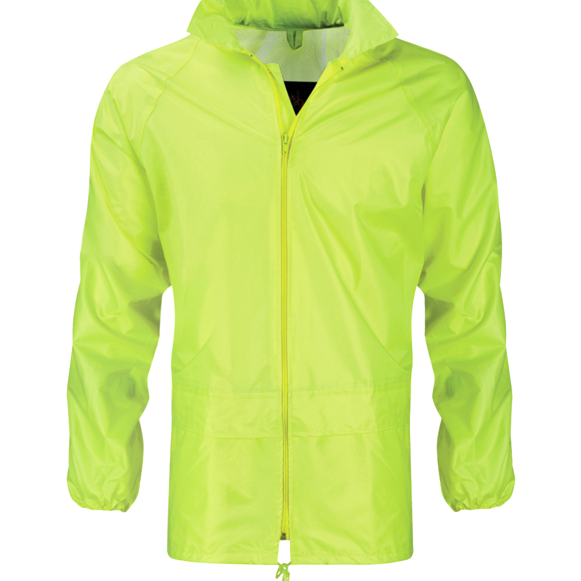 lightweight hi-vis yellow windbreaker with a full front zip, elastic cuffs, adjustable drawcord hem, and a minimalist design made for agile protection in shifting conditions by MAK Boots & Garments.