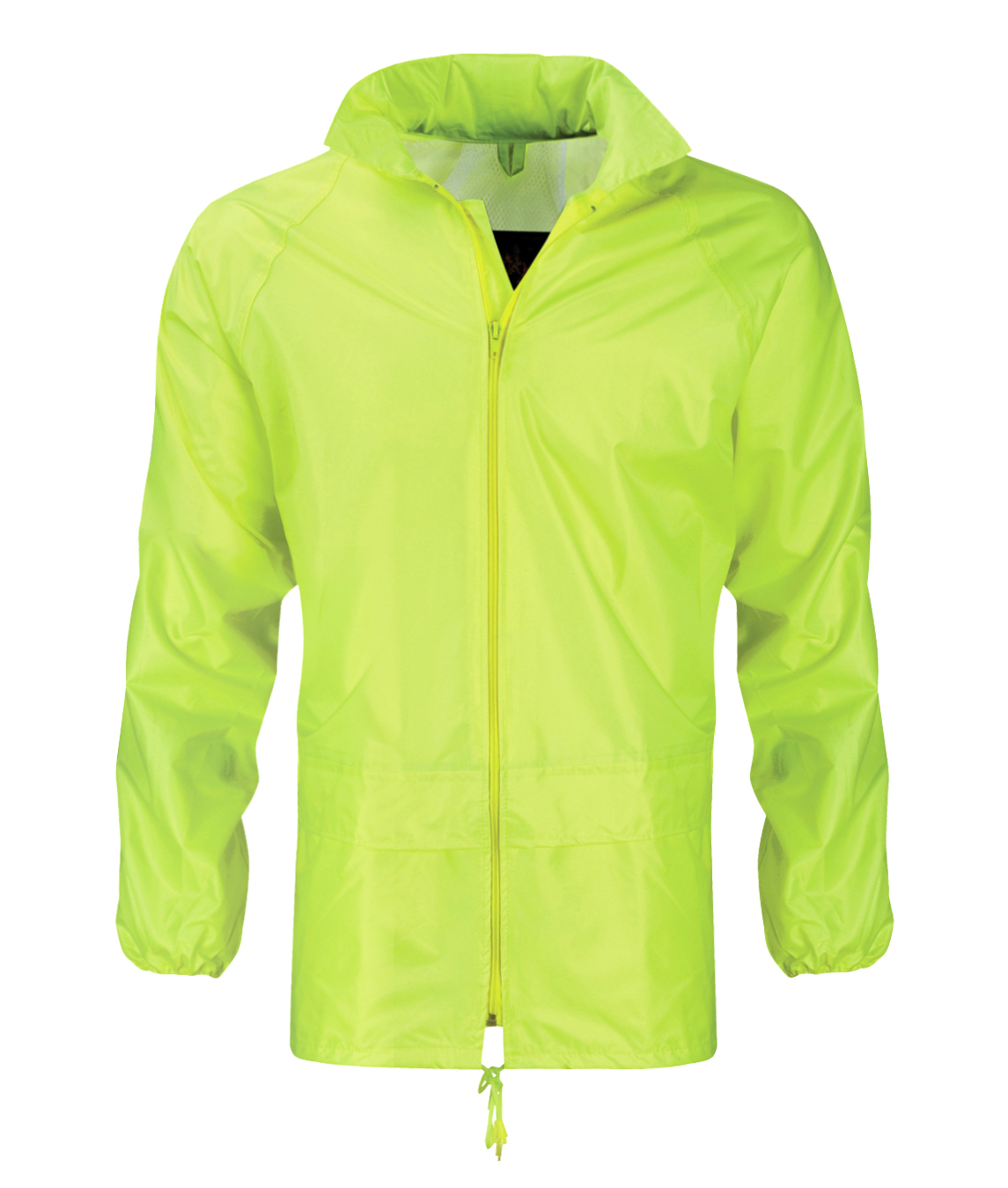 lightweight hi-vis yellow windbreaker with a full front zip, elastic cuffs, adjustable drawcord hem, and a minimalist design made for agile protection in shifting conditions by MAK Boots & Garments.
