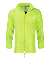 lightweight hi-vis yellow windbreaker with a full front zip, elastic cuffs, adjustable drawcord hem, and a minimalist design made for agile protection in shifting conditions by MAK Boots & Garments.