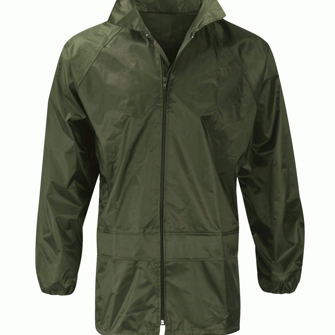 lightweight olive windbreaker with a full front zip, elastic cuffs, adjustable drawcord hem, and a minimalist design made for agile protection in shifting conditions by MAK Boots & Garments.