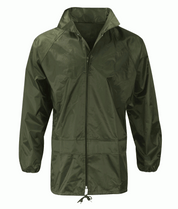 lightweight olive windbreaker with a full front zip, elastic cuffs, adjustable drawcord hem, and a minimalist design made for agile protection in shifting conditions by MAK Boots & Garments.