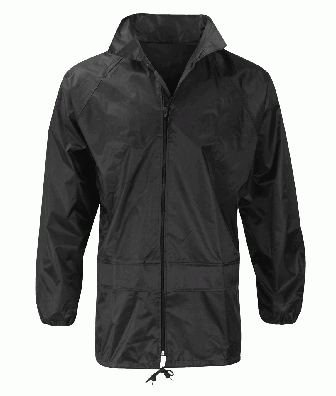 lightweight black windbreaker with a full front zip, elastic cuffs, adjustable drawcord hem, and a minimalist design made for agile protection in shifting conditions — by MAK Boots & Garments.