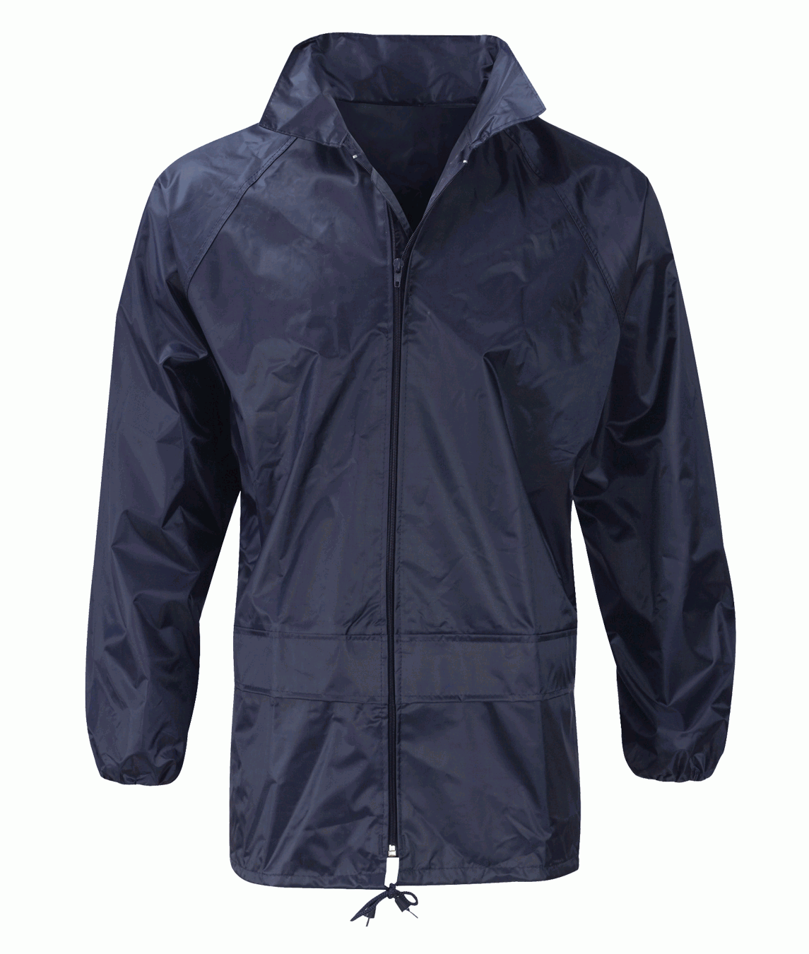 lightweight navy windbreaker with a full front zip, elastic cuffs, adjustable drawcord hem, and a minimalist design made for agile protection in shifting conditions — by MAK Boots & Garments.