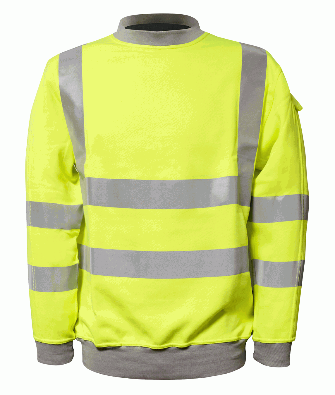 High-visibility lime fire-retardant sweatshirt with grey reflective tape across the chest, arms, and shoulders. Features contrast ribbed cuffs, hem, and collar for warmth and comfort. Designed for construction, rail, and industrial safety environments. Flame-resistant workwear by MAK Boots & Garments.