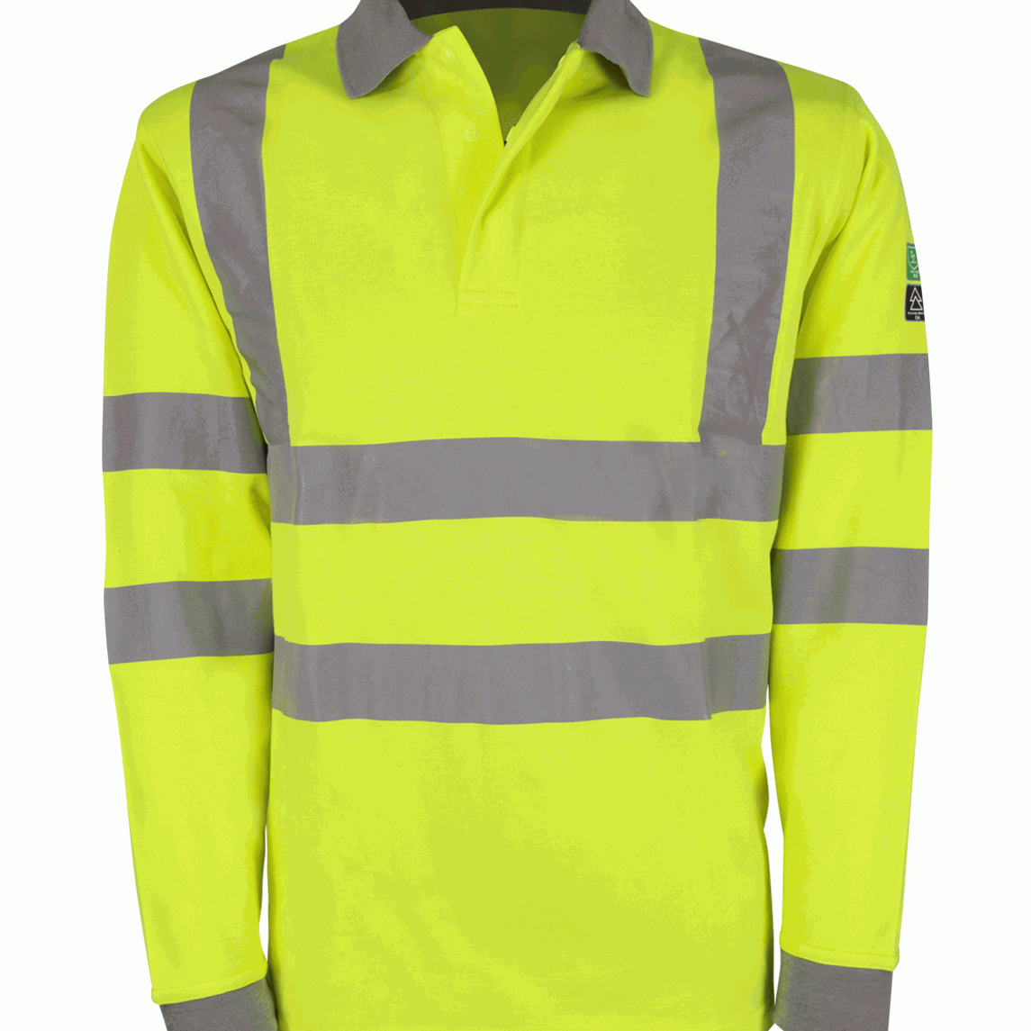 High-visibility lime green fire-retardant long-sleeve polo shirt with grey reflective tape on the torso, arms, and shoulders. Designed with a contrast collar and ribbed cuffs for a secure fit. Flame-resistant safety workwear ideal for rail, construction, and utility sectors. By MAK Boots & Garments.