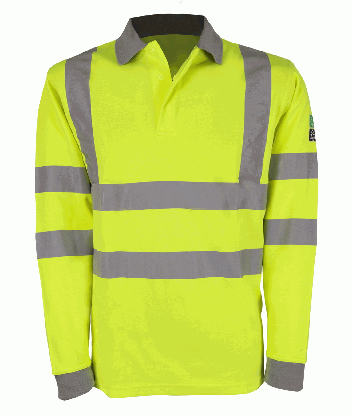 High-visibility lime green fire-retardant long-sleeve polo shirt with grey reflective tape on the torso, arms, and shoulders. Designed with a contrast collar and ribbed cuffs for a secure fit. Flame-resistant safety workwear ideal for rail, construction, and utility sectors. By MAK Boots & Garments.