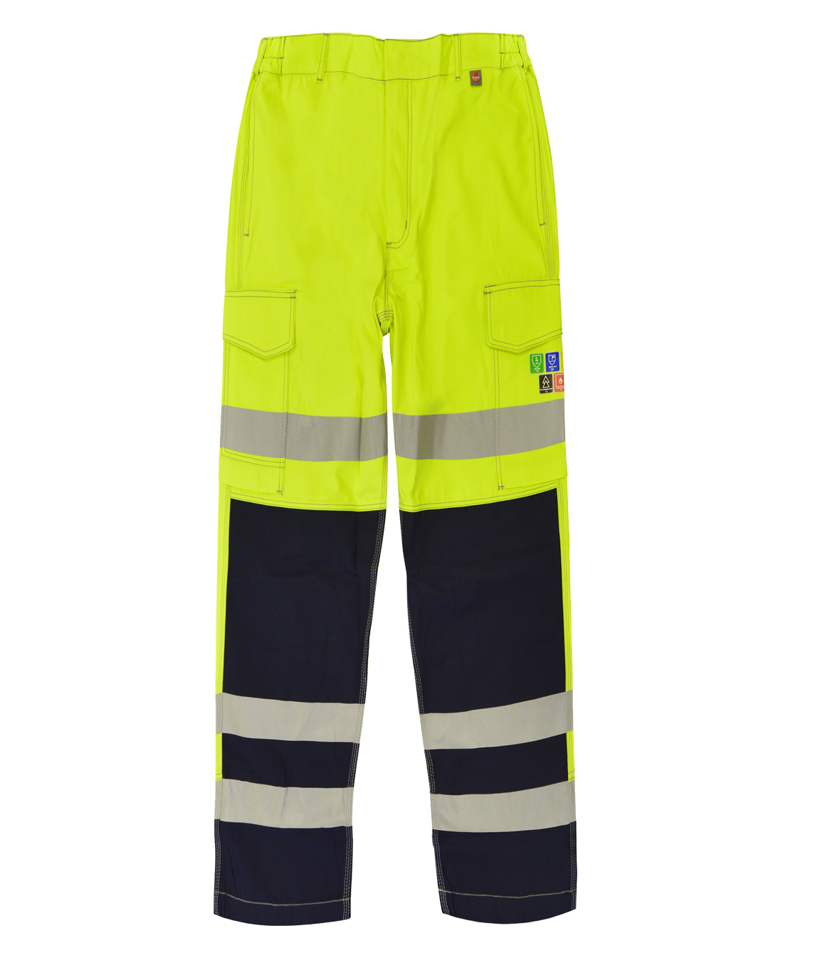 High-visibility lime and navy flame-retardant trousers with silver reflective tape on the thighs and lower legs. Features cargo pockets, belt loops, and safety standard badges. Engineered for multi-risk environments like rail, petrochemical, and utility sectors. Premium FR work trousers by MAK Boots & Garments.