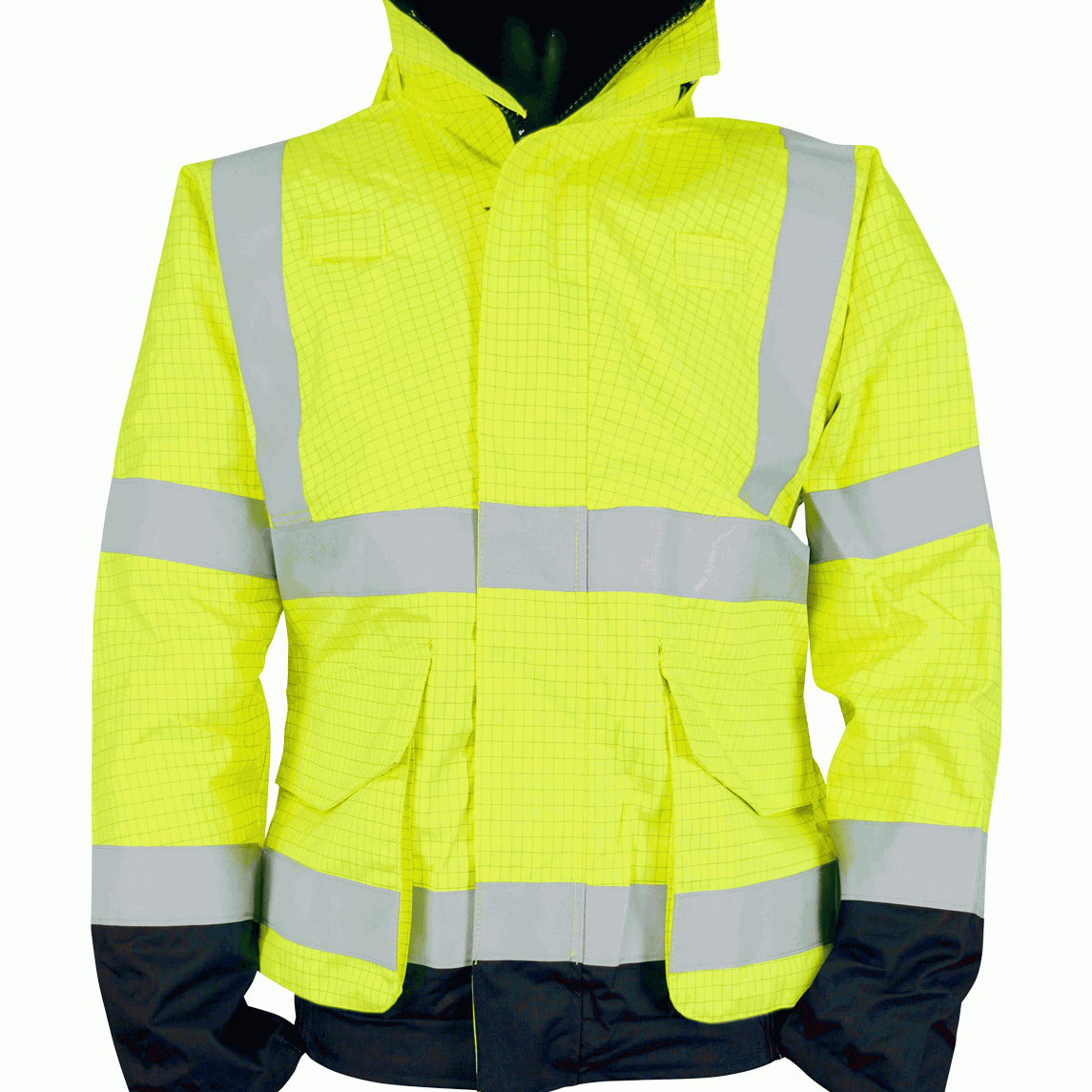 High-visibility lime green and navy fire-retardant waterproof safety jacket with grey reflective tape across the body, arms, and shoulders. Flame-resistant and weatherproof outerwear for rail, construction, and industrial environments. Protective gear by MAK Boots & Garments.