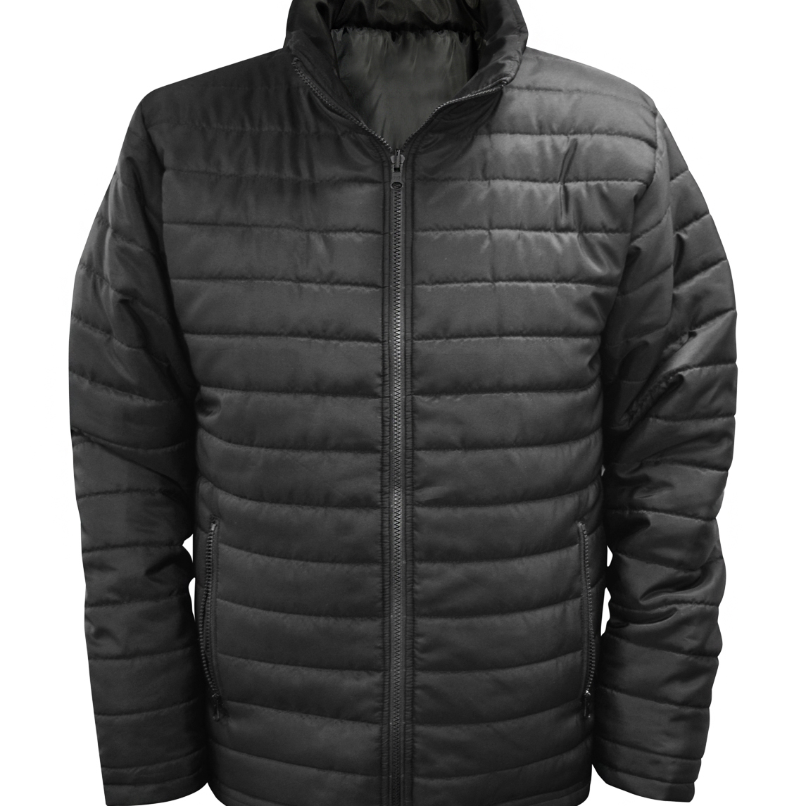 Black insulated quilted jacket featuring a full-front zipper, zippered side pockets, high collar, and lightweight design for warmth and comfort. Perfect for cold-weather protection and stylish daily wear. By MAK Boots & Garments.