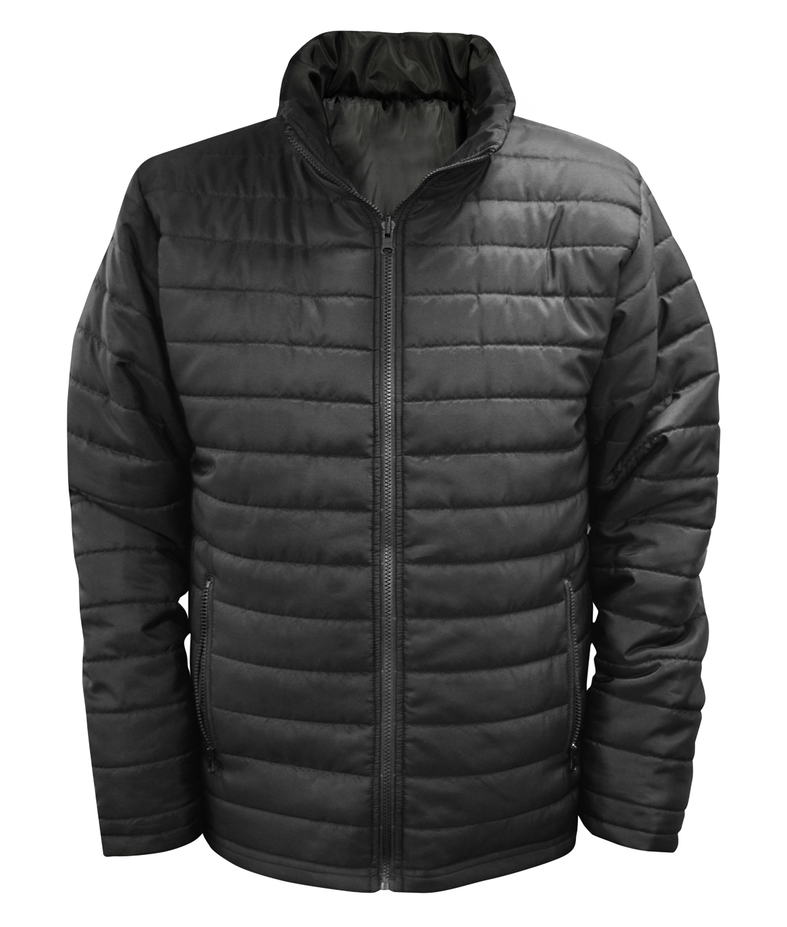 Black insulated quilted jacket featuring a full-front zipper, zippered side pockets, high collar, and lightweight design for warmth and comfort. Perfect for cold-weather protection and stylish daily wear. By MAK Boots & Garments.