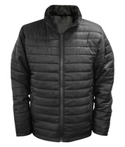 Black insulated quilted jacket featuring a full-front zipper, zippered side pockets, high collar, and lightweight design for warmth and comfort. Perfect for cold-weather protection and stylish daily wear. By MAK Boots & Garments.