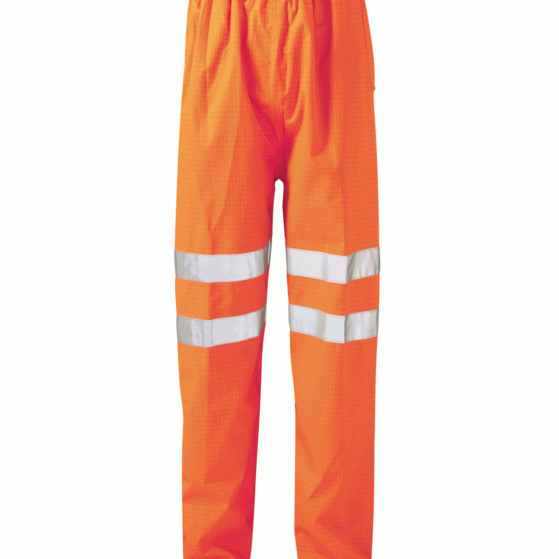 High-visibility orange waterproof safety trousers with twin reflective bands on each leg. Designed for construction, roadwork, and industrial environments. Hard-wearing protective legwear by MAK Boots & Garments