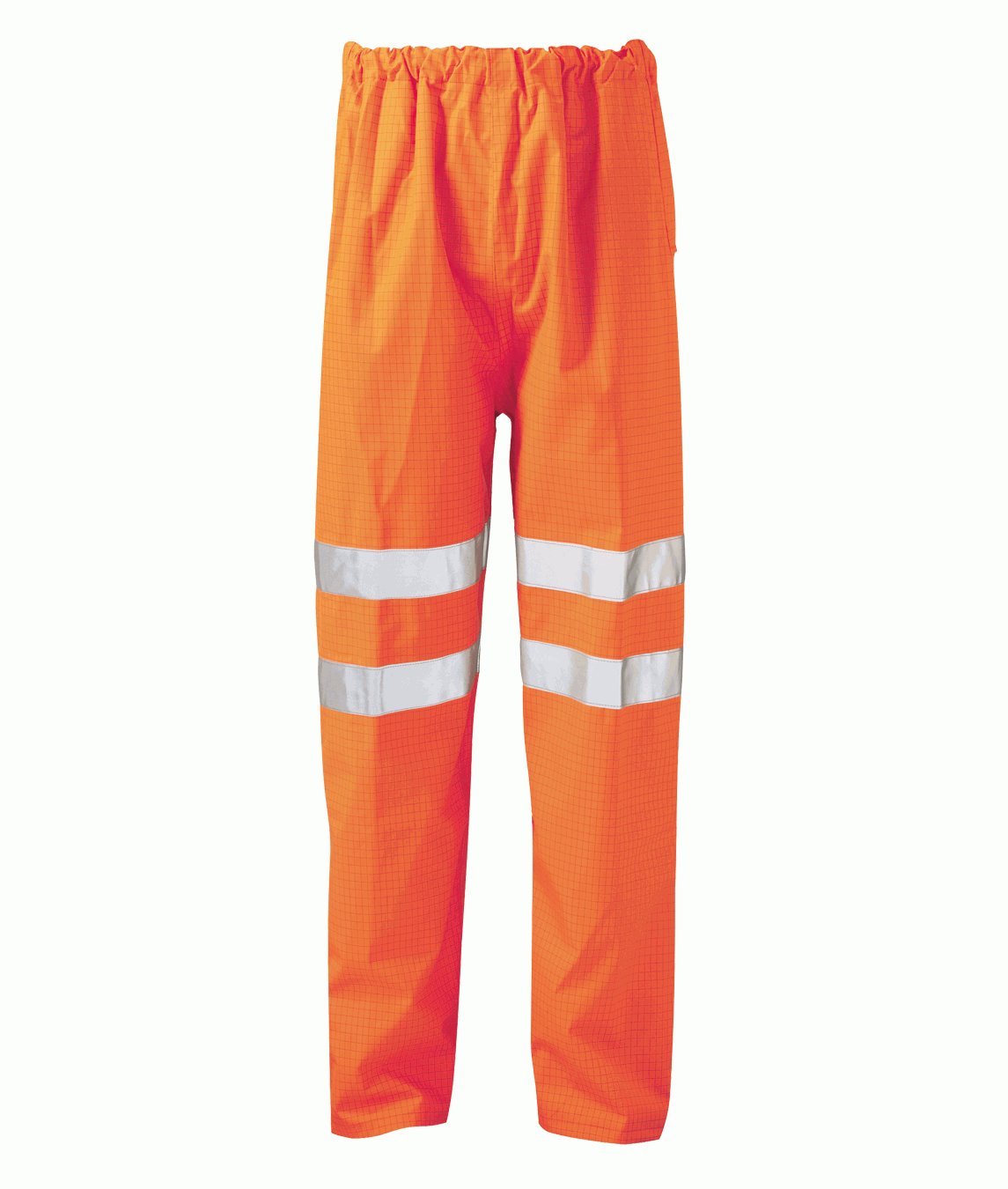 High-visibility orange waterproof safety trousers with twin reflective bands on each leg. Designed for construction, roadwork, and industrial environments. Hard-wearing protective legwear by MAK Boots & Garments