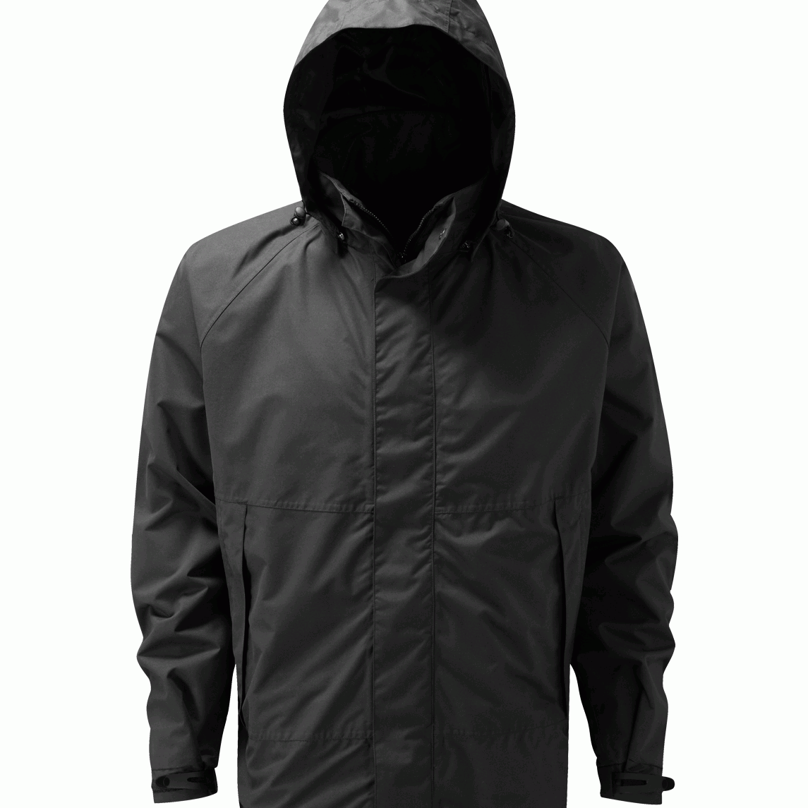 matte black hooded jacket with a minimalist design, featuring a full front zipper with snap-flap coverage, adjustable cuffs, and a storm-ready silhouette built for stealth and utility by MAK Boots & Garments.