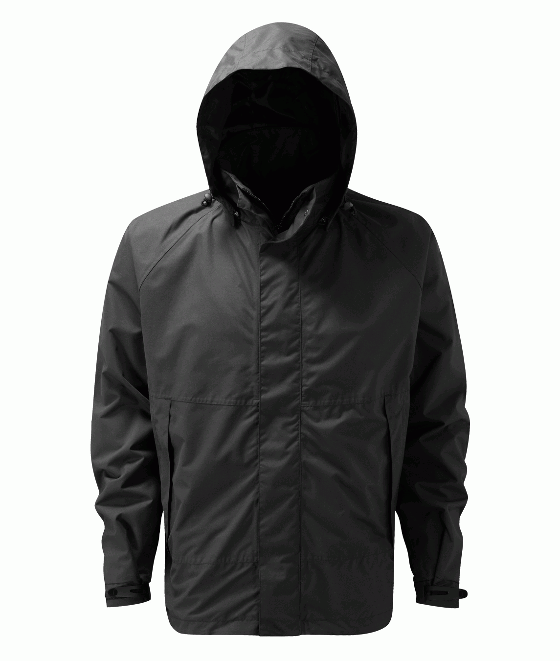matte black hooded jacket with a minimalist design, featuring a full front zipper with snap-flap coverage, adjustable cuffs, and a storm-ready silhouette built for stealth and utility by MAK Boots & Garments.