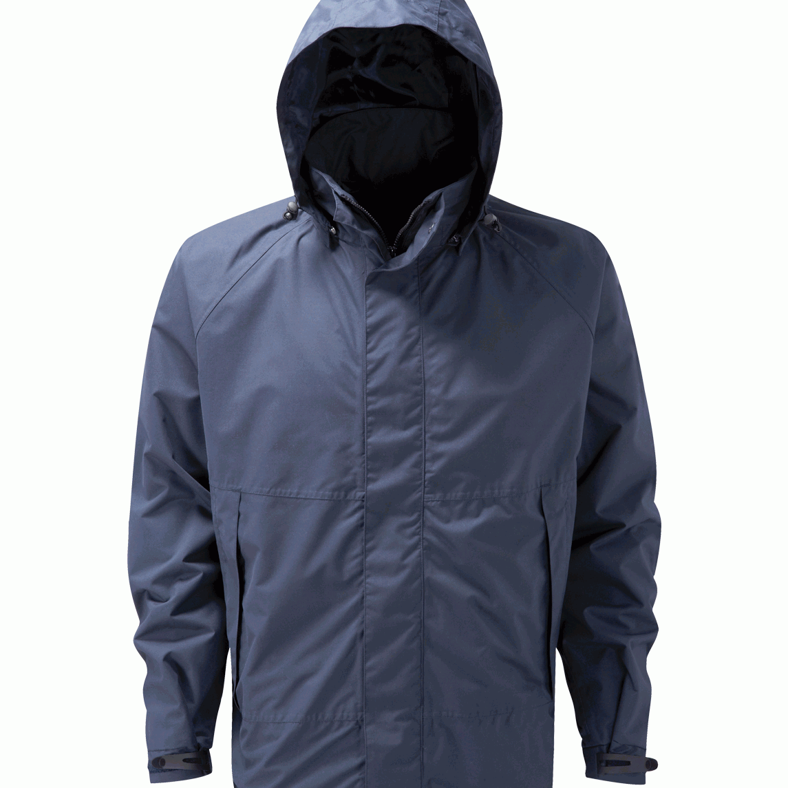 matte navy hooded jacket with a minimalist design, featuring a full front zipper with snap-flap coverage, adjustable cuffs, and a storm-ready silhouette built for stealth and utility — by MAK Boots & Garments