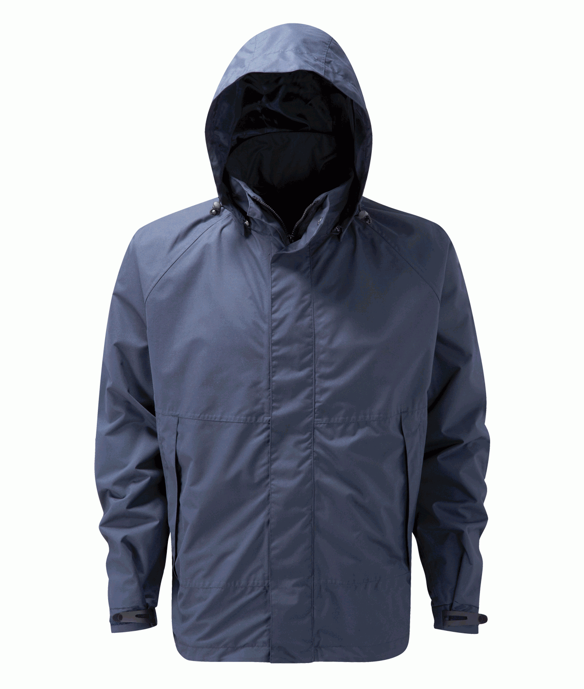 matte navy hooded jacket with a minimalist design, featuring a full front zipper with snap-flap coverage, adjustable cuffs, and a storm-ready silhouette built for stealth and utility — by MAK Boots & Garments