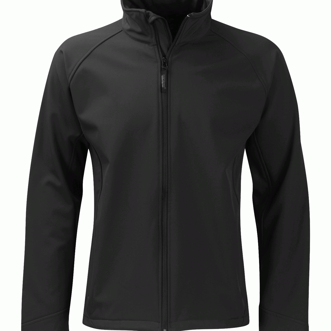 Men's black softshell jacket with full front zipper and stand-up collar. Sleek, windproof, and built for flexible layering. By MAK Boots & Garments.