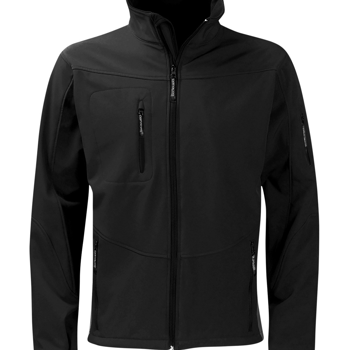 Men's black softshell jacket featuring multiple zipped pockets, adjustable cuffs, and a high collar for wind protection. Stylish, versatile, and ideal for outdoor activities. By MAK Boots & Garments.