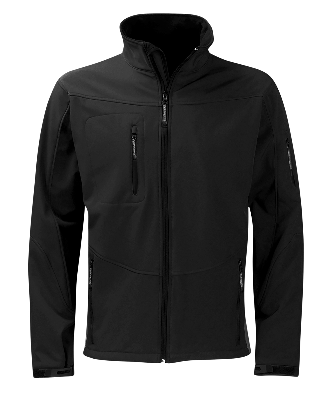 Men's black softshell jacket featuring multiple zipped pockets, adjustable cuffs, and a high collar for wind protection. Stylish, versatile, and ideal for outdoor activities. By MAK Boots & Garments.