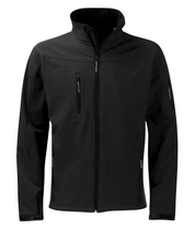 Men's black softshell jacket featuring multiple zipped pockets, adjustable cuffs, and a high collar for wind protection. Stylish, versatile, and ideal for outdoor activities. By MAK Boots & Garments.