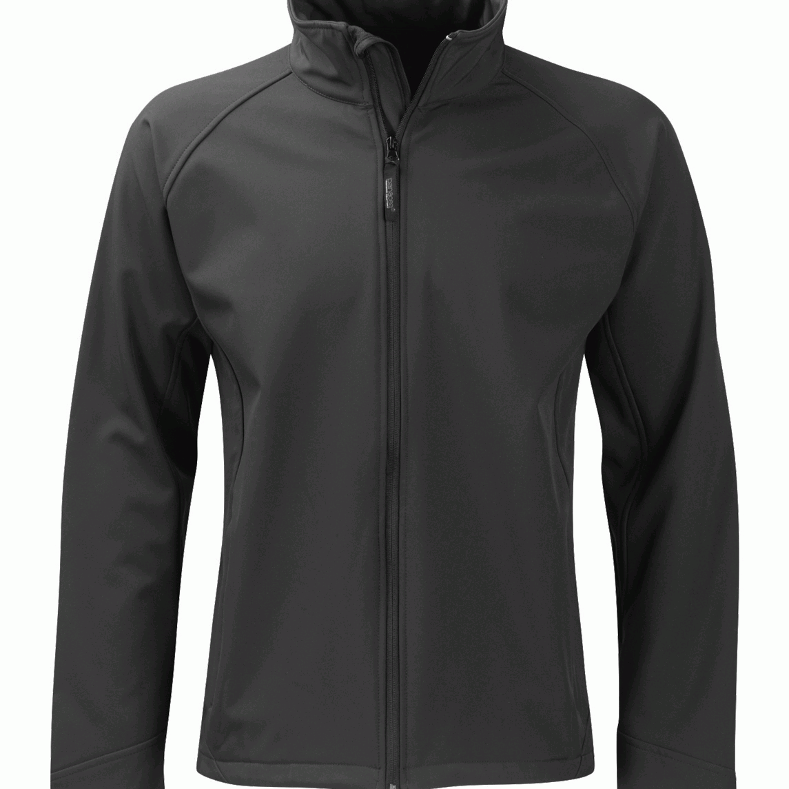 Men's grey softshell jacket with full front zipper and stand-up collar. Sleek, windproof, and built for flexible layering.