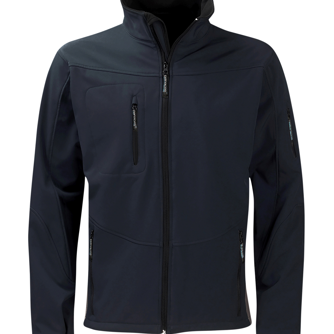 Men's navy blue softshell jacket featuring multiple zipped pockets, adjustable cuffs, and a high collar for wind protection. Stylish, versatile, and perfect for outdoor activities. By MAK Boots & Garments.