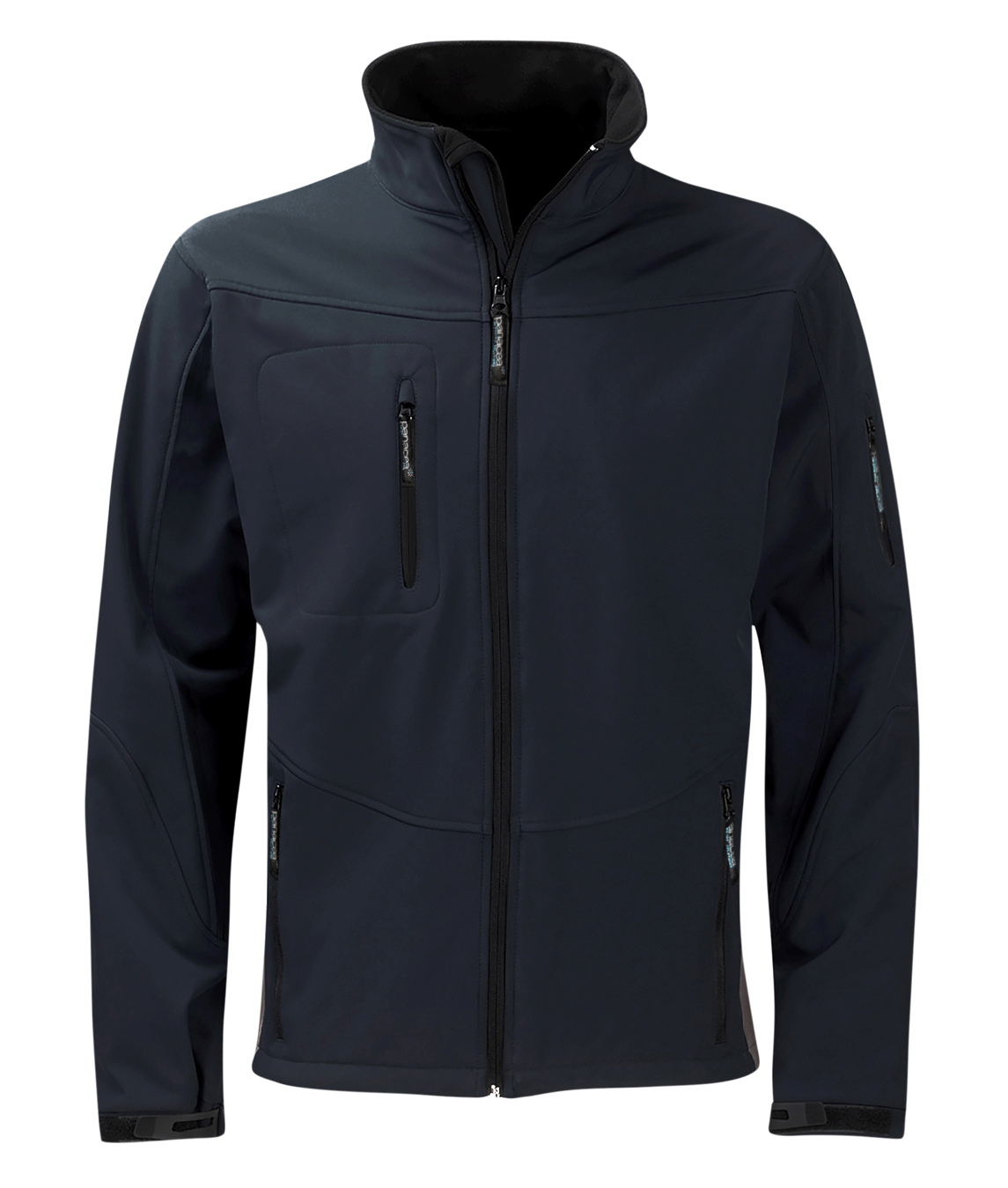 Men's navy blue softshell jacket featuring multiple zipped pockets, adjustable cuffs, and a high collar for wind protection. Stylish, versatile, and perfect for outdoor activities. By MAK Boots & Garments.