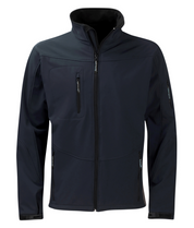 Men's navy blue softshell jacket featuring multiple zipped pockets, adjustable cuffs, and a high collar for wind protection. Stylish, versatile, and perfect for outdoor activities. By MAK Boots & Garments.
