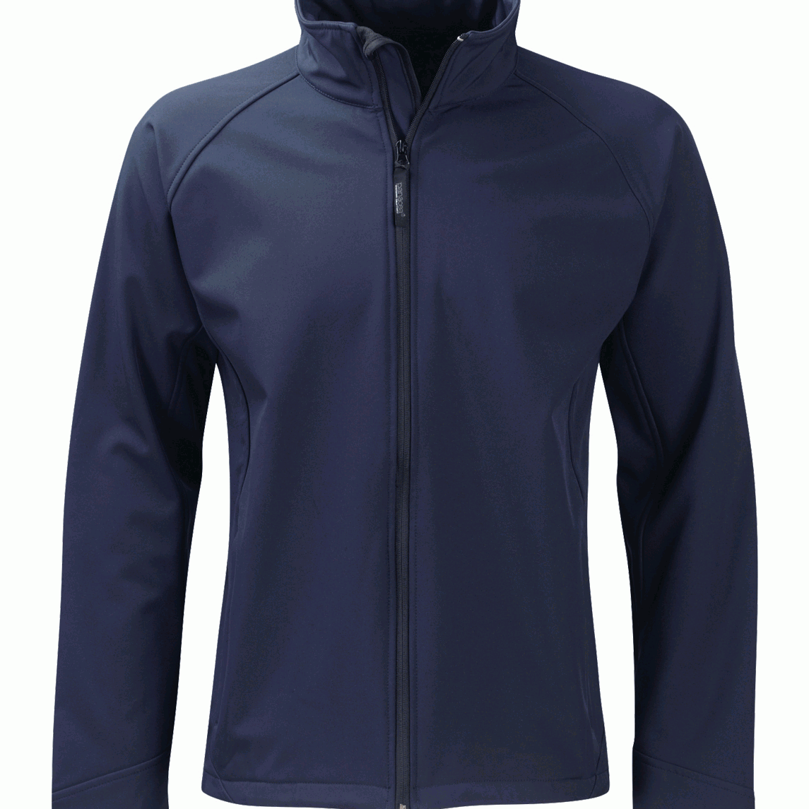 Men's navy softshell jacket with full front zipper and stand-up collar. Sleek, windproof, and built for flexible layering. By MAK Boots & Garments.