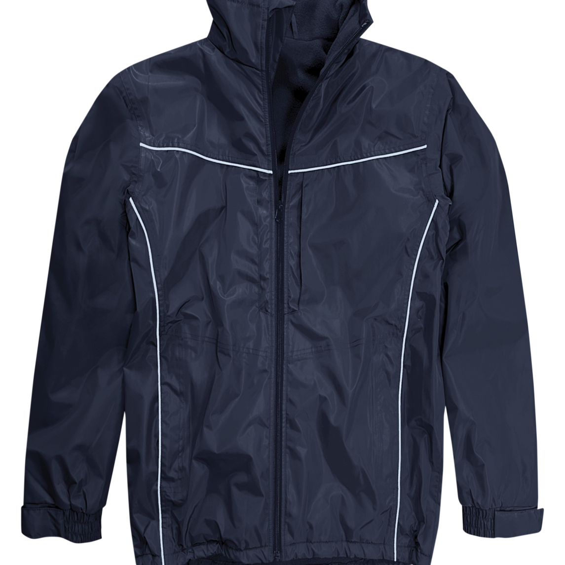 Mens Navy blue waterproof jacket with subtle reflective piping, fleece-lined collar, adjustable cuffs, and hem drawcord. Lightweight, breathable, and practical for everyday outdoor use. By MAK Boots & Garments.