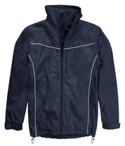 Mens Navy blue waterproof jacket with subtle reflective piping, fleece-lined collar, adjustable cuffs, and hem drawcord. Lightweight, breathable, and practical for everyday outdoor use. By MAK Boots & Garments.