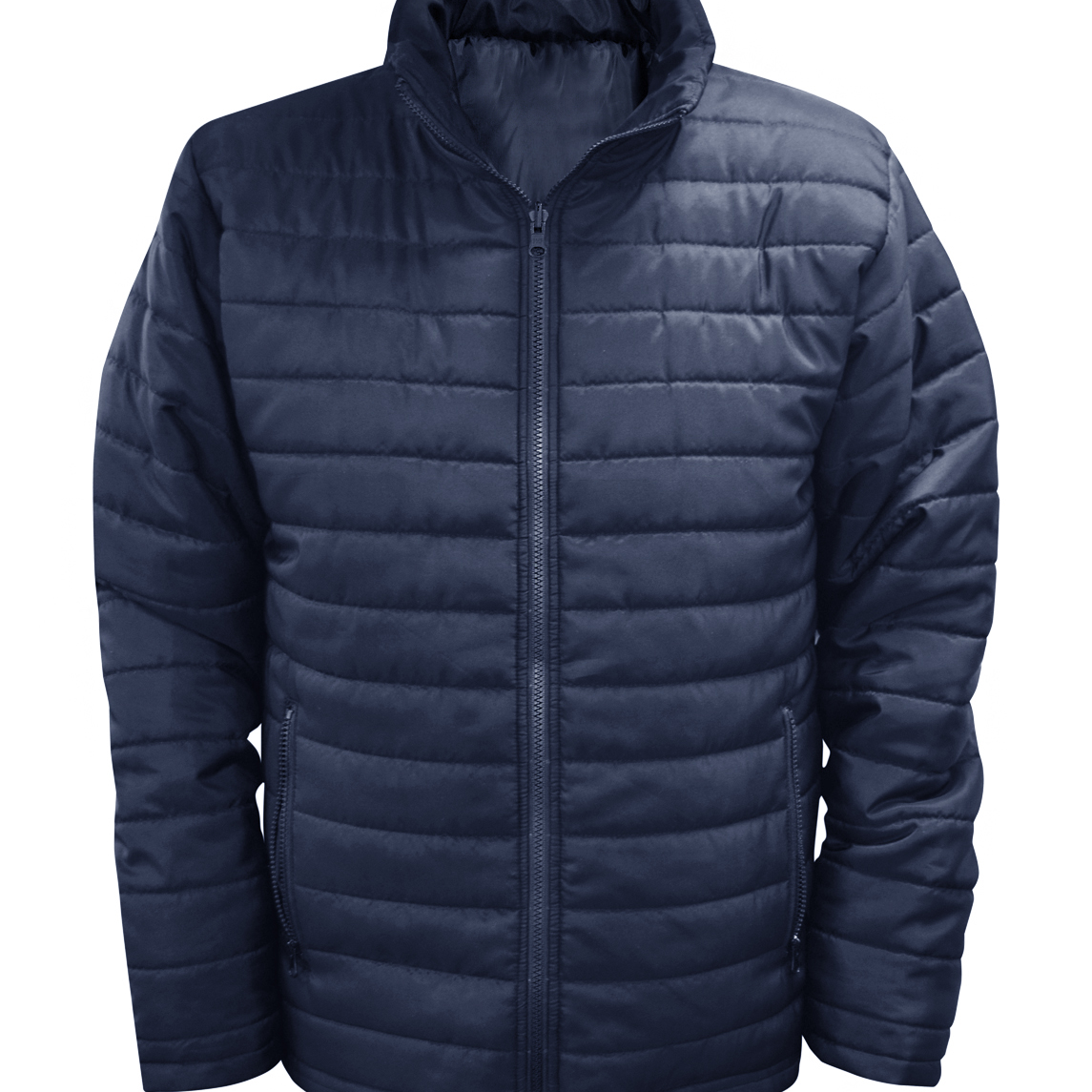 Navy blue insulated quilted jacket featuring a full-front zipper, zippered side pockets, high collar, and lightweight design for warmth and comfort. Ideal for cold-weather protection and versatile daily wear. By MAK Boots & Garments.