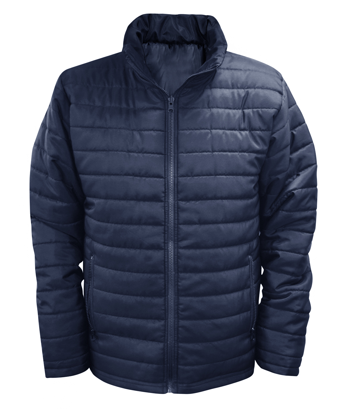 Navy blue insulated quilted jacket featuring a full-front zipper, zippered side pockets, high collar, and lightweight design for warmth and comfort. Ideal for cold-weather protection and versatile daily wear. By MAK Boots & Garments.