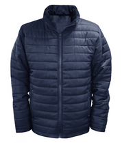 Navy blue insulated quilted jacket featuring a full-front zipper, zippered side pockets, high collar, and lightweight design for warmth and comfort. Ideal for cold-weather protection and versatile daily wear. By MAK Boots & Garments.