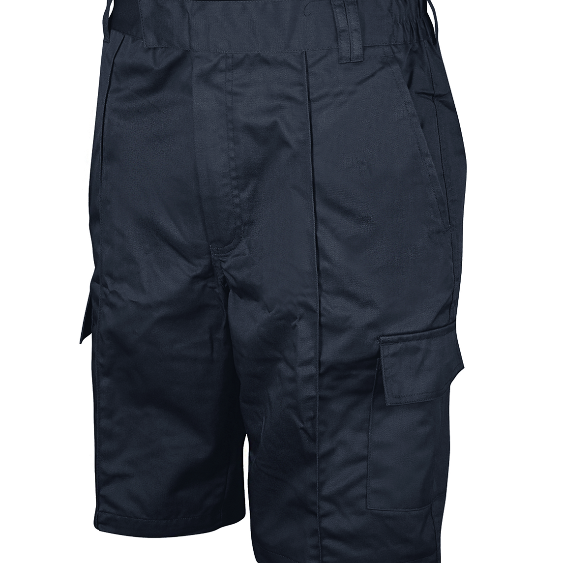 navy blue cargo shorts with a relaxed fit, belt loops, side slash pockets, and dual flap cargo pockets for breathable functionality in warm conditions — by MAK Boots & Garments.