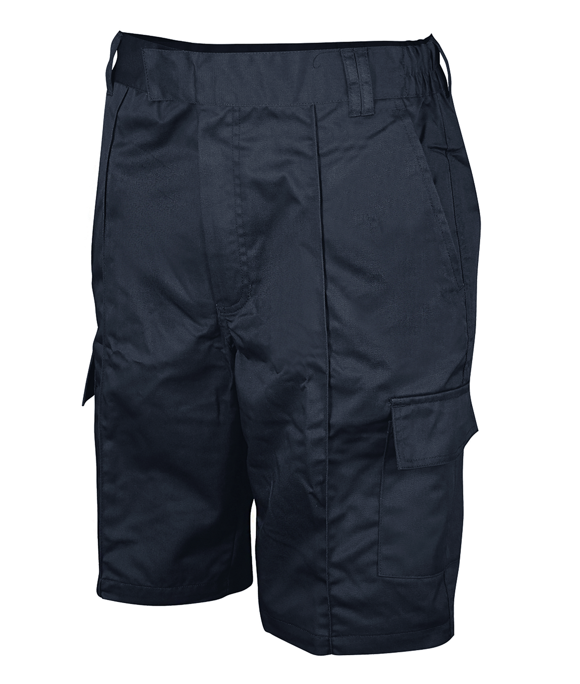 navy blue cargo shorts with a relaxed fit, belt loops, side slash pockets, and dual flap cargo pockets for breathable functionality in warm conditions — by MAK Boots & Garments.