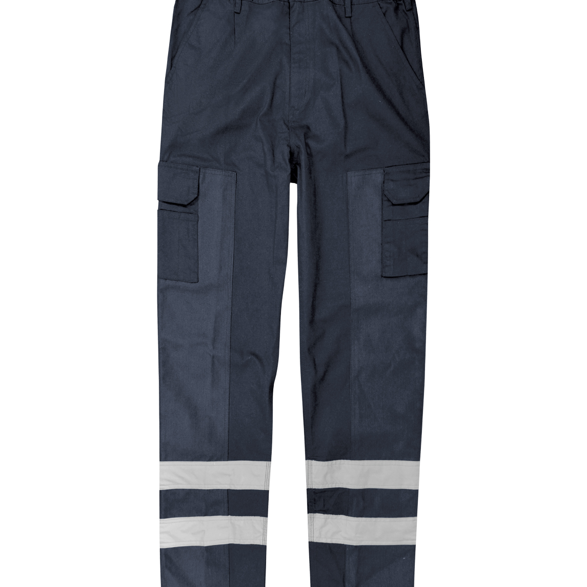 navy cargo work pants featuring dual thigh pockets, belt loops, and two bands of silver reflective striping around each lower leg for enhanced low-light visibility and tactical functionality by MAK Boots & Garments.