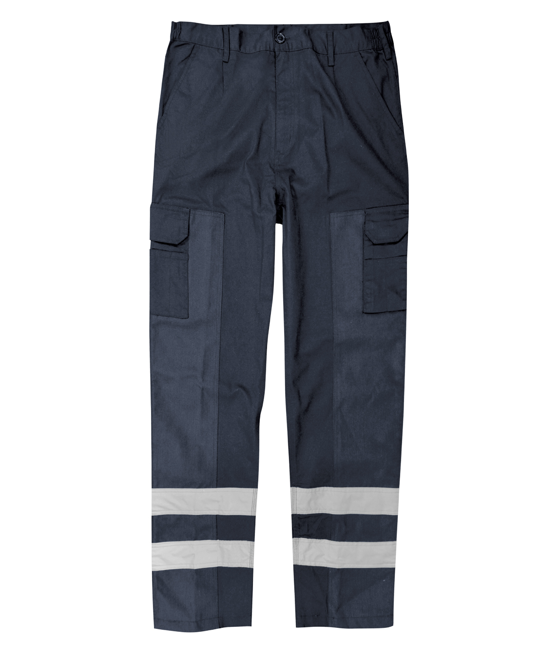 navy cargo work pants featuring dual thigh pockets, belt loops, and two bands of silver reflective striping around each lower leg for enhanced low-light visibility and tactical functionality by MAK Boots & Garments.