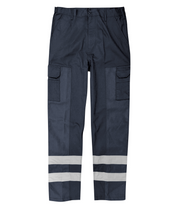 navy cargo work pants featuring dual thigh pockets, belt loops, and two bands of silver reflective striping around each lower leg for enhanced low-light visibility and tactical functionality by MAK Boots & Garments.