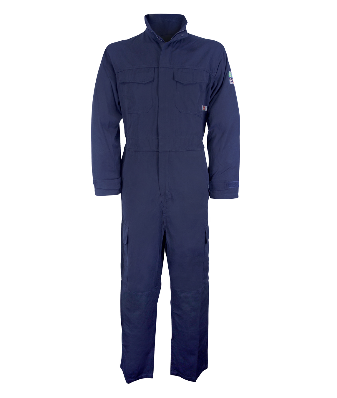 Dark navy fire-retardant coverall with long sleeves, chest pockets, and reinforced knees. Designed for industrial, engineering, and hazardous work environments. Protective all-in-one workwear by MAK Boots & Garments.