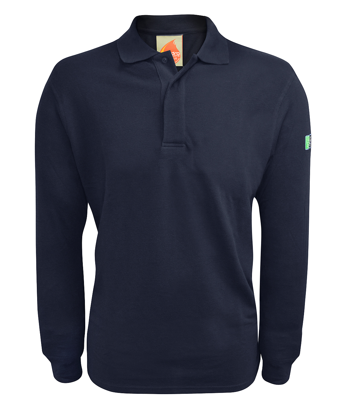 Dark navy fire-retardant long sleeve polo shirt with a concealed button placket and classic collar. Designed for comfort and protection in industrial and hazardous environments. Flame-resistant workwear by MAK Boots & Garments.