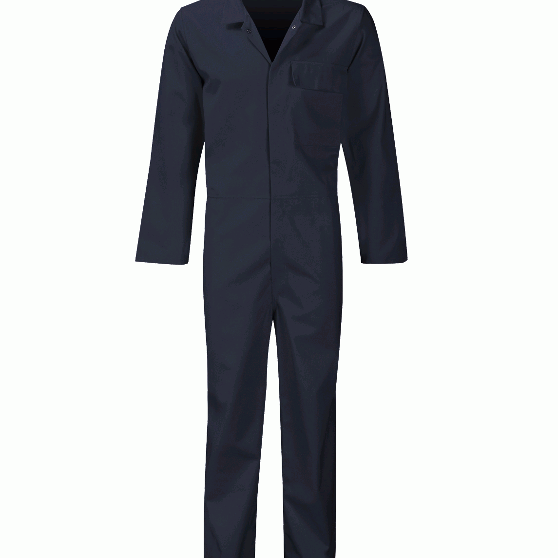 Dark navy fire-retardant poly-cotton coverall with a single chest pocket, press-stud closure, and long sleeves. Lightweight flame-resistant workwear for industrial, maintenance, and hazardous site applications. Protective gear by MAK Boots & Garments.