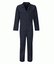 Dark navy fire-retardant poly-cotton coverall with a single chest pocket, press-stud closure, and long sleeves. Lightweight flame-resistant workwear for industrial, maintenance, and hazardous site applications. Protective gear by MAK Boots & Garments.