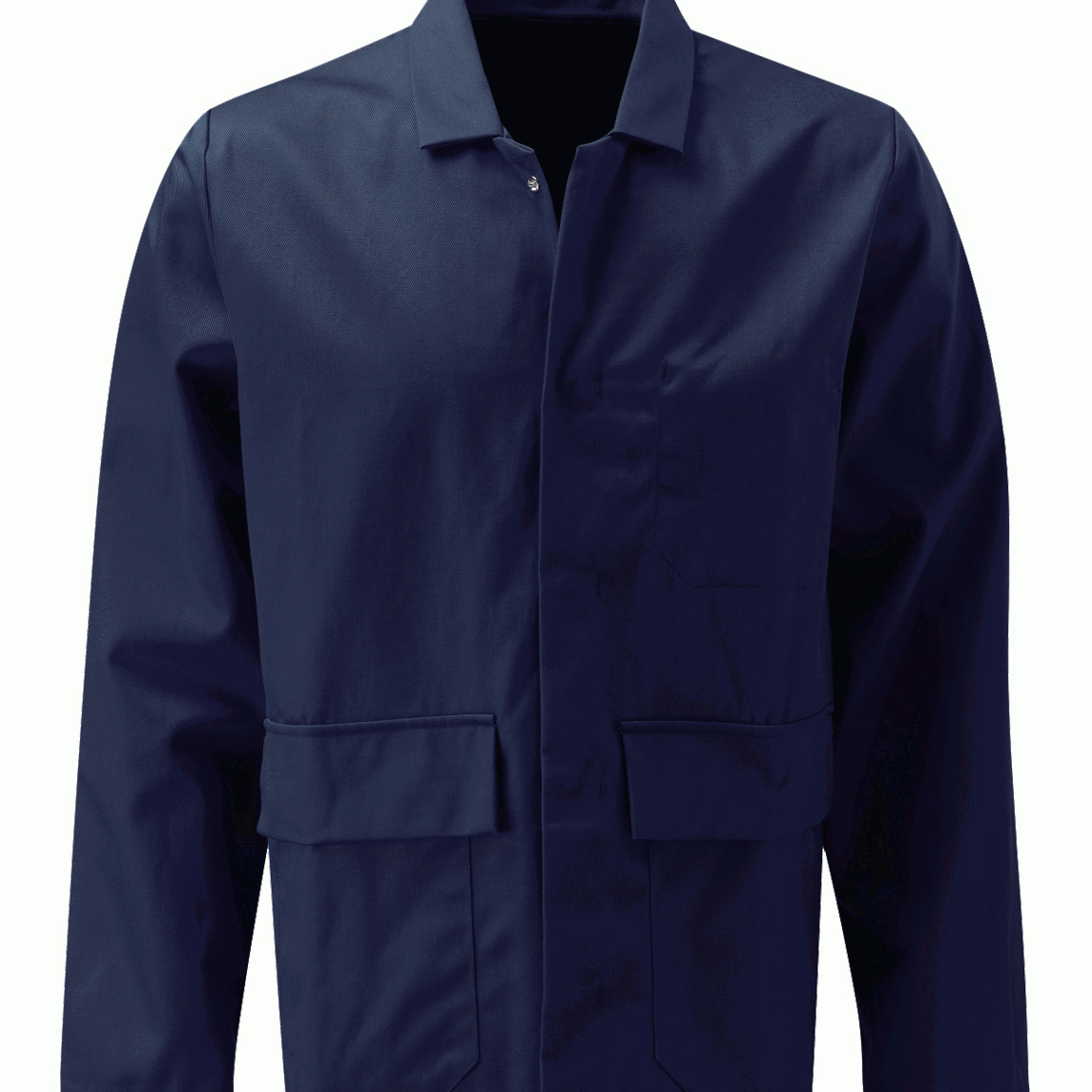 Dark navy fire-retardant poly-cotton work jacket with concealed press-stud front, chest pocket, and twin lower pockets. Flame-resistant outerwear designed for industrial, welding, and workshop environments. Protective work jacket by MAK Boots & Garments.